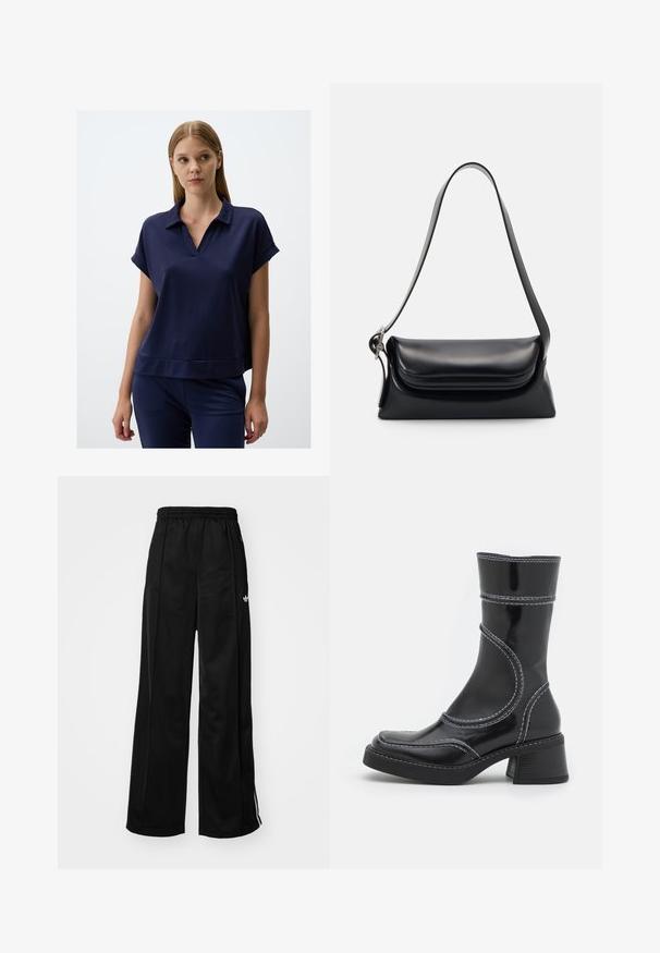 Marineblaues Kurzarm-Oberteil mit Kragen und lockerem Schnitt. Hergestellt aus glattem Stoff mit geradem Saum und minimaler Detailgestaltung.; Schwarze weiter Schnitt Jogginghose mit elastischem Bund, mit weißen Seitenstreifen und kleinem Logo auf der linken Hüfte. Glatte Stofftextur.; Schwarze Lackleder-Ankle Boots mit weißen Nähten, abgerundeter Zehe und Blockabsatz. Besitzt geschwungene Designlinien und eine glatte Textur.; Schwarze Lederhandtasche mit strukturiertem Design, glatter Textur und einem einzelnen Schulterriemen. Verfügt über ein dezentes, abgerundetes Klappendesign.