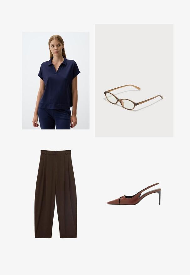 Marineblauwe top met korte mouwen, een kraag en een ontspannende pasvorm. Gemaakt van gladde stof met een rechte zoom en minimale details.; Bruine high-waisted broek met plooien, gemaakt van soepel materiaal. Loose fit, rechte pijpen, met riemlussen en een ritsluiting.; Bruine leren slingback hakken met een spitse neus, uitsnijding bij de bovenkant en een elegante stilettohak. Glad oppervlak.; Bruine schildpadbril met ovale lenzen, dunne armen en transparante accenten. Heeft een subtiele logo op de tempel. Strak, lichtgewicht ontwerp.; Bruine suède schoudertas met twee lange hengsels, trekkoordsluiting en minimalistisch ontwerp. Gladde textuur en geen zichtbare hardware-accenten.