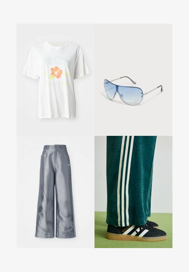 White cotton t-shirt featuring a graphic print with tropical flowers in orange and yellow, and text reading "SUN KISSED 1990 Roxy."; Wide-leg pants in shiny gray material, featuring white side stripes and a flame pattern on the lower legs. Button and zipper closure at the waist.; Green textured pants with white side stripes, paired with black Adidas sneakers featuring three white stripes and a gum sole.; Aviator sunglasses featuring a gradient blue lens, silver metal frame, and decorative star accents on the lens. Smooth and sleek design.