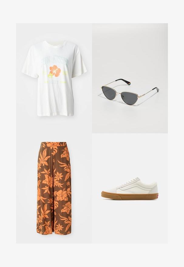 T-shirt en coton blanc avec un imprimé graphique de fleurs tropicales en orange et jaune, et le texte "SUN KISSED 1990 Roxy."; Pantalons larges marron avec un motif floral orange. Textured lisse avec une taille haute et des poches latérales. Design décontracté et fluide.; Baskets basses en toile blanche avec une semelle en caoutchouc couleur gomme, bout rond, fermeture à lacets et détail en cuir sur le côté.; Lunettes de soleil en métal doré avec des verres foncés, en forme d'œil de chat, et branches noires avec un accent arc-en-ciel d'un côté.; Boucles d'oreilles en argent en forme de créoles avec un design torsadé, dotées d'une finition polie et d'une fermeture à poussoir. Mesurent environ 3 cm de diamètre.