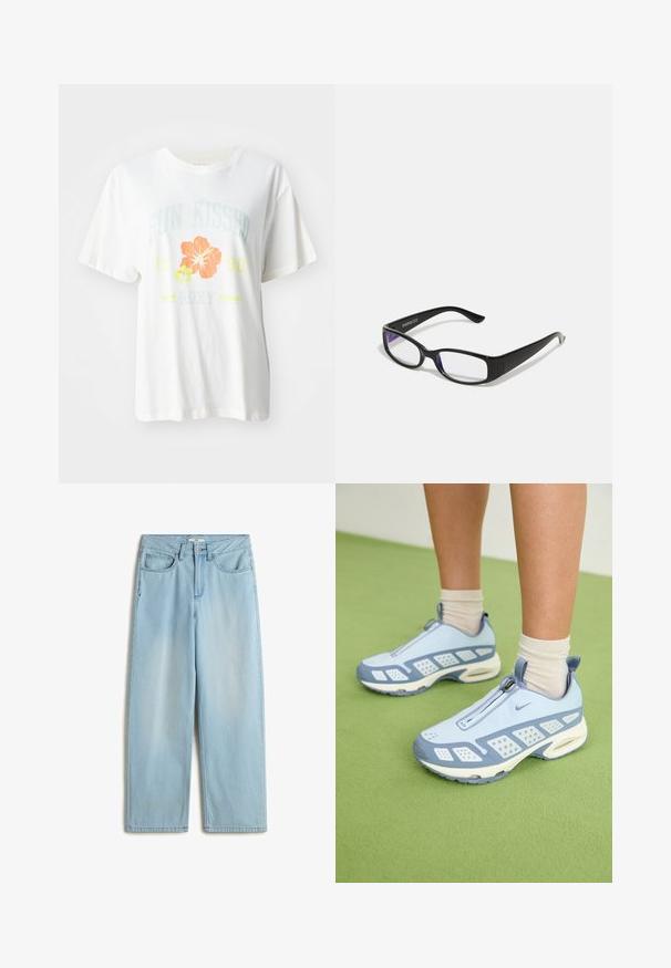 Weißes Baumwoll-T-Shirt mit einem grafischen Druck von tropischen Blumen in Orange und Gelb, sowie dem Text "SUN KISSED 1990 Roxy."; Helles blaugraues, hoch geschnittenes, weit geschnittenes Jeansmodell aus Denim, mit fünf Taschen, einem Reißverschluss und subtilen Verfärbungen an den Beinen.; Hellblaue Sportschuhe mit weißen Akzenten, strukturierten Bereichen und einem Reißverschluss. Sie verfügen über eine sichtbare Luftpolster-Sohle und eine Gummisohle.; Schwarze rechteckige Brille mit klaren Gläsern. Glänzende Oberfläche, schmale Bügel und lila Tönung an den Rändern der Gläser sichtbar.