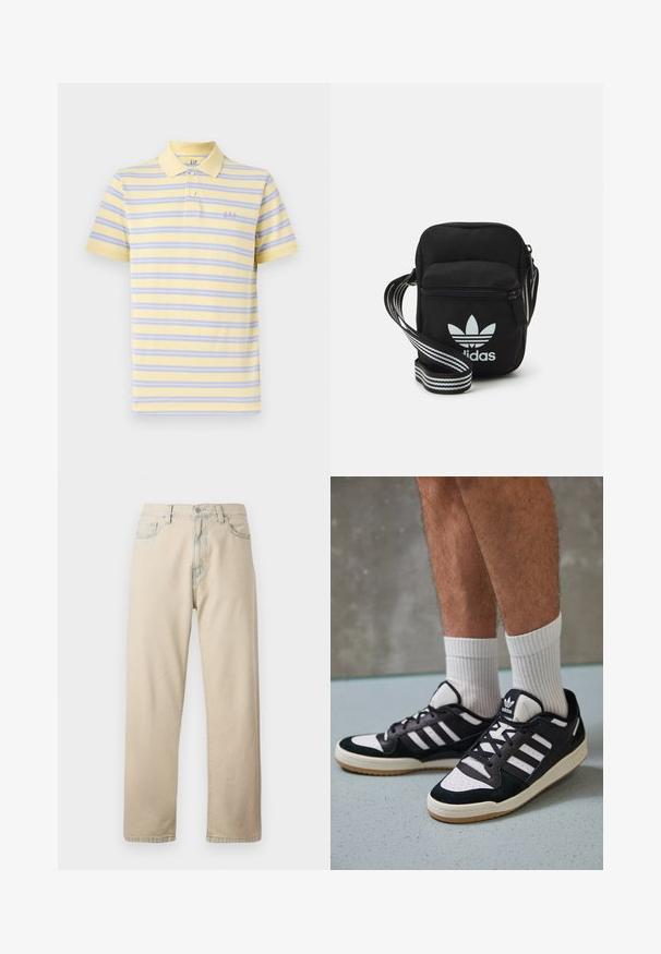 Rövid ujjú polo póló puha sárga színben, lila és kék vízszintes csíkokkal. Klasszikus gallérral és hímzett "GAP" logóval a mellrészen.; Beige pamutszövet farmernadrág egyenes lábakkal, öt zsebbel, övpántokkal és cipzáras sliccel. Enyhén kopott textúra és kontrasztos varrás.; Fekete-fehér tornacipők velúr és bőr felsőrésszel, három fehér csíkkal, perforált orral és gumi talppal.; Fekete anyagú, keresztpántos táska cipzáras záródással, fehér Adidas logóval és csíkos állítható pánttal a könnyű hordozás érdekében.