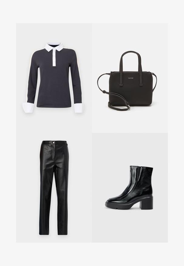 Donkergrijs poloshirt met lange mouwen, witte kraag en manchetten, met lichtbeige accenten op de schouders en een knoopsluiting.; Zwarte neplederen broek met krokodillenpatroon, slim fit, recht model, met een sluiting met knoop aan de voorkant en een standaard tailleband.; Zwarte gepatenteerde leren enkellaarsjes met een gebogen neus, elastische zijpanelen en een chunky blokhak. Voorzien van een reliëflogo aan de achterkant.; Zwarte handtas met dubbele korte handvatten en een afneembare schouderriem. Glad, leerachtig materiaal met een ritssluiting en logo-detail.