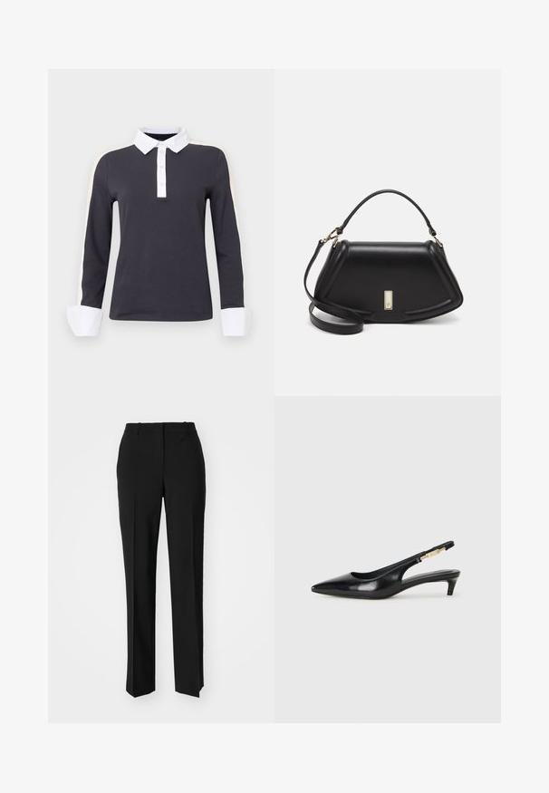 Dark gray long-sleeve polo shirt with white collar and cuffs, featuring light beige shoulder accents and a button placket.; Black tailored trousers with a straight-leg design, featuring a smooth texture and crisp creases along the front. No visible hardware.; Black leather slingback heels with a pointed toe, featuring a slim heel and a gold-tone accent on the adjustable strap. Smooth texture.; Black leather handbag with a structured design, featuring a cropped shape, top handle, and gold hardware accent. Adjustable shoulder strap included.