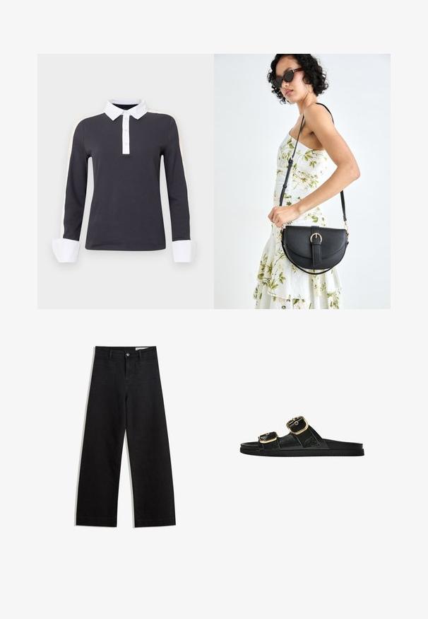 Dark gray long-sleeve polo shirt with white collar and cuffs, featuring light beige shoulder accents and a button placket.; Black wide-leg denim pants with a high waist, featuring front and back pockets, stitched seams, and a button closure. Smooth texture.; Black slide sandal with two gold buckle accents, smooth textured material, flat sole, and a minimalist design.; Black leather handbag with a curved shape, detachable strap, and gold hardware. The bag features a flap with a buckle detail.