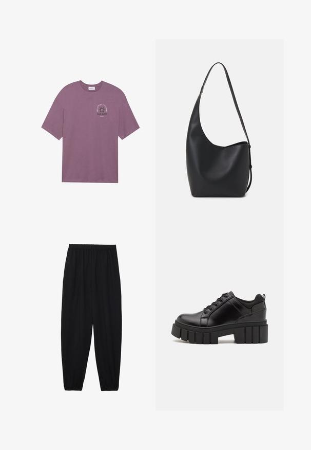 Paars katoenen t-shirt met korte mouwen, met een graphic aan de voorkant van een ster en de tekst "Celestial Symphony Solar Eclipse." Zachte textuur.; Zwarte, lichte broek met een elastische tailleband en gathered enkels. De stof is glad en heeft een ontspannen, taps toelopend ontwerp.; Zwarte leren platform schoenen met een stevige blokhak, ronde neus en een traditionele vetersluiting. Kenmerkt zich door een gladde textuur en minimale details.; Zwarte leren hobo tas met een gladde textuur, kromme vorm en een enkele verstelbare schouderband; heeft een brede opening aan de bovenkant.