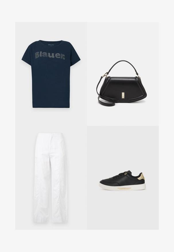 Navy blue t-shirt with short sleeves and a crew neck. Features the word "Blauer" in decorative rhinestones across the front.; White wide-leg trousers made of lightweight fabric, featuring a smooth texture, clean lines, and a high waist design.; Black leather sneaker with a smooth texture, white rubber sole, gold accents on the heel and eyelets, featuring a logo on the side.; Black leather handbag with a structured design, featuring a cropped shape, top handle, and gold hardware accent. Adjustable shoulder strap included.