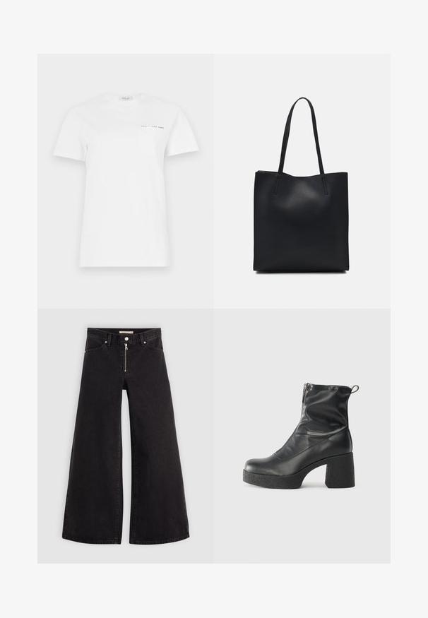 Fehér pamut póló kerek nyakkal, rövid ujjakkal és egy bal oldali zsebbel. A mellkason egy kis fekete felirat található: "REPLAY EST 1981."; Fekete denim széles szárú farmer, cipzáros elejével, öt zsebes kialakítással és diszkrét varrással. Sima textúra és laza stílus.; Fekete bokacsizmák sima bőrből, oldalsó cipzárral, vastag, texturált sarkú és lekerekített orrú dizájnnal.; Fekete bőrtáska sima felszínnel, téglalap alakú, két hosszú füllel. Nincs látható fémkiegészítő vagy díszítés.