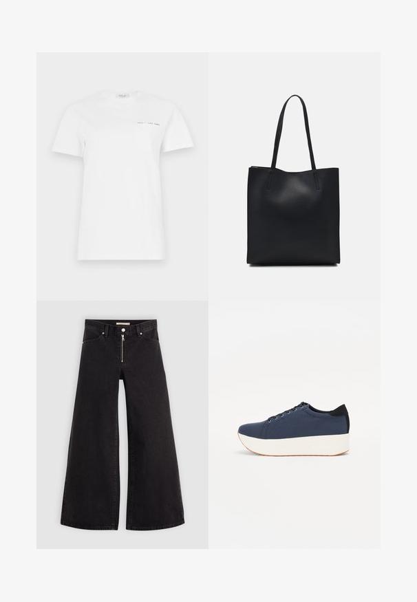 Valkoinen puuvillapaita, jossa on pyöreä kaula-aukko, lyhyet hihat ja vasemmalla rinnalla tasku. Paidassa on pieni musta painatus, jossa lukee "REPLAY EST 1981".; Mustat leveälahkeiset farkut, joissa on vetoketjufrunti, viisi-taskuinen muotoilu ja hienovaraiset ompelusyyt. Sileä pinta ja rento tyyli.; Sotilaspunainen tennari, jossa on teksturoitu kangasyläosa, valkoinen alustan pohja, pyöreä kärki ja musta kantapääkorostus. Varustettu kuudella nyörille tarkoitetulla reikällä.; Mustapahkainen kangaskassi, jossa on sileä pinta, suorakaiteen muotoinen ja kaksi pitkää kahvaa. Ei näkyvää metalliosaa tai koristeita.