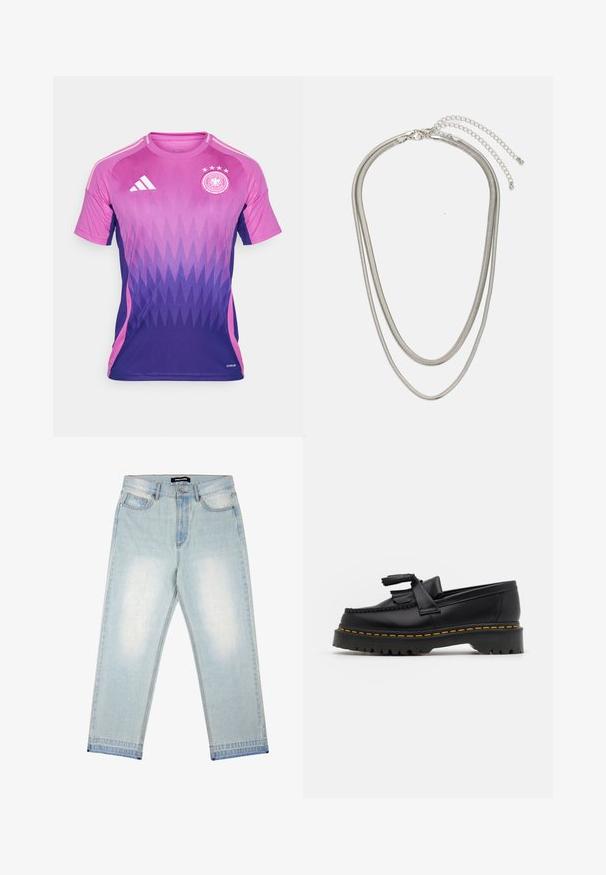 Soccerska koszulka w kolorze fioletowym i różowym w gradientowym wzorze z motywem zygzaka, z logo Adidas na piersi, okrągłym dekoltem, krótkimi rękawami oraz haftowanym emblematem.; Pegador BARROW bleached denim; Czarny skórzany mokasyn z frędzelkowymi akcentami, z masywną czarną podeszwą i żółtym przeszyciem wzdłuż krawędzi. Teksturowane wykończenie.; Trójwarstwowy naszyjnik ze srebrnego metalu z eleganckimi, elastycznymi łańcuszkami o delikatnym połysku, zapinany na karabińczyk i regulowany.