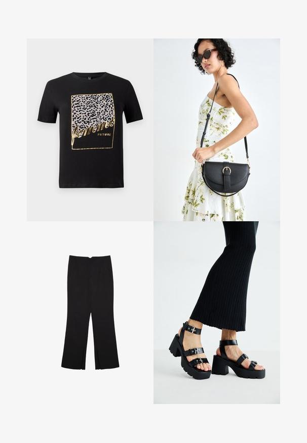 Černé bavlněné tričko s leopardím potiskem v šedé a zlaté barvě s textem "femme FUTURE" v stylizovaném písmu. Krátké rukávy.; Černé kalhoty s rovným střihem, s předními kapsami a bočními rozparky na lemu. Vyrobené z jemné, hladké tkaniny. Vhodné na různé příležitosti.; Černé platformové sandály s robustními podrážkami a několika řemínky, s kovovými sponami a hladkým koženkovým povrchem.; Černá kožená kabelka s křivkovým tvarem, odnímatelným popruhem a zlatými detaily. Kabelka má klopu s přezkou.