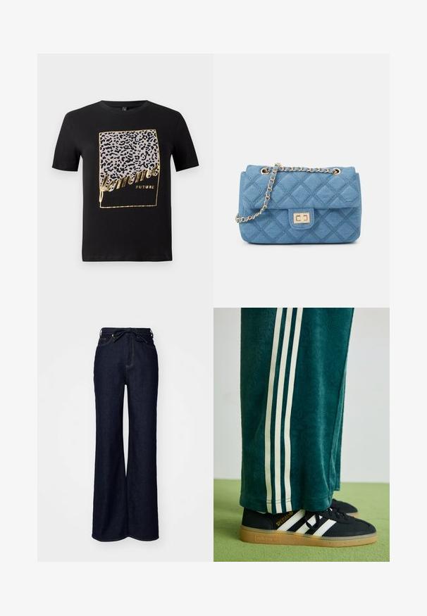 Juodas medvilninis marškinėlis su leopardų raštu pilkos ir auksinės spalvos atspalviuose ir tekstu "femme FUTURE" stilizuotu šriftu. Trumpomis rankovėmis.; Tamsiai mėlynos plačios kojų džinsai pagaminti iš džinsinio audinio, turintys aukštą liemenį, priekinės kišenes ir užrišamą juosmenį.; Žalios tekstūruotos kelnės su baltais šoninėmis juostelėmis, derinamos su juodais Adidas sportbačiais, turinčiais tris baltas juosteles ir guminiu padu.; ONLY ONLFLORENCE CROSSBODY BAG - Rankinė per petį - blue denim/gold