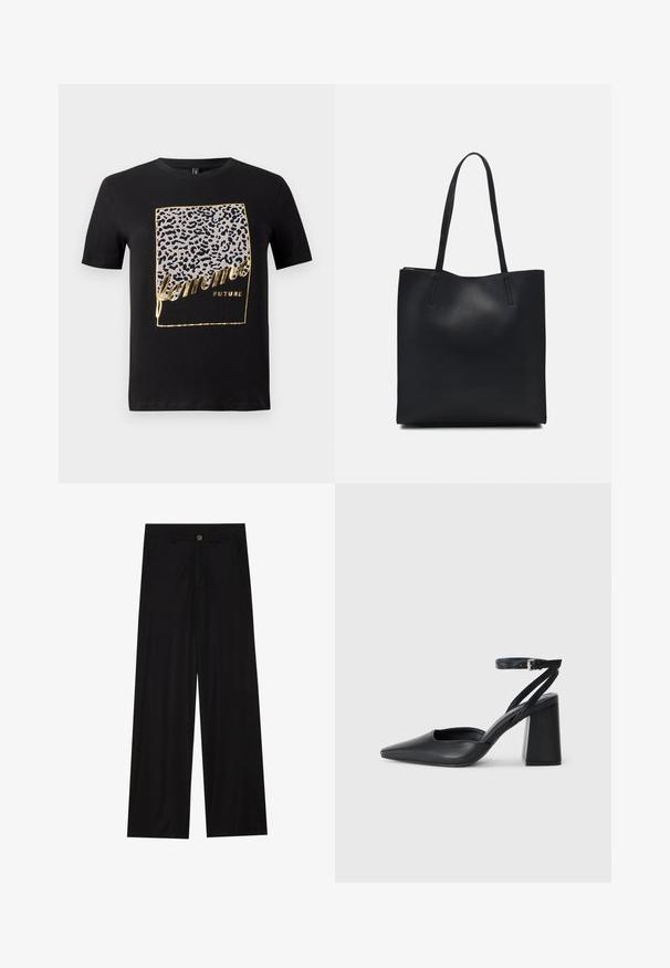 Svart bomull T-skjorte med leopardmønster i grått og gull, med teksten "femme FUTURE" i en stilig skrifttype. Korte ermer.; Bredde ben sorte bukser laget av et glatt stoff, med frontlommer og knappelukking i midjen. Minimalistisk design uten mønstre.; Svart lær pumps med spiss tå, ankelrem og kraftig hæl. Flat tekstur, strømlinjeformet design og minimalisme.; Svart lær tote bag med glatt tekstur, rektangulær form og to lange håndtak. Ingen synlige deler eller dekorasjoner.