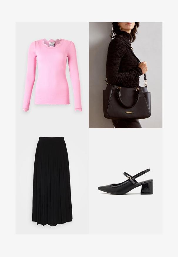 Langärmliges, figurbetontes Oberteil in pinker Rippoptik mit einem gewellten Ausschnitt und Spitzenakzenten an den Manschetten. Klassische Silhouette, weicher Stoff.; Schwarzer plissierter Rock mit breitem, dehnbarem Bund. Gefertigt aus weichem Stoff, mit vertikalen Falten für eine fließende Silhouette.; Schwarze Lackleder-Slingback-Absätze mit spitzer Zehenform, einem runden Ausschnitt-Design und einem Blockabsatz. Mit einem goldfarbenen Schnallenakzent.; Schwarze Handtasche mit strukturierten Oberflächen, doppelten Obergriffen und verstellbarem Schultergurt. Mit goldfarbener Hardware und Seitentaschen.