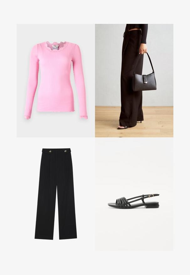 Top de manga longa, ajustado, em textura canelada rosa, com decote em forma de escalope e detalhes em renda nas mangas. Silhueta clássica, tecido suave.; Calças largas pretas com cintura alta, detalhes em botão na cintura e pregas frontais.; Sandálias planas pretas com um design de tiras, apresentando várias tiras de couro e uma fivela fina no tornozelo. A sola é plana e retangular.; Bolsa preta com forma estruturada, textura suave e um fecho metálico. Combinada com calças largas pretas e sandálias de salto aberto sobre um chão de madeira.