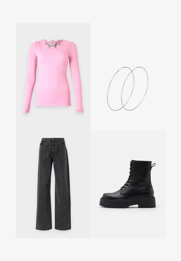 Långärmad, figurnära topp i rosa ribbat material, med en vågig halsringning och spetsdetaljer vid ärmsluten. Klassisk silhuett, mjukt tyg.; Noisy May NMJANNEL LOOSE - Jeans relaxed fit - black denim; Svarta läderankelboots med rund tå, snörning framtill och en tjock gummisula med strukturerat mönster. Dragflik bak.; Silverfärgade hoopörhängen med en minimalistisk design. Cirkulär form, slät yta och tunn profil. Lätta med en polerad finish.