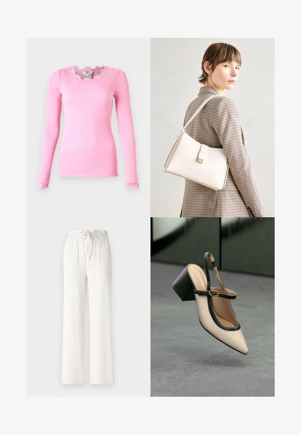 Langärmliges, figurbetontes Oberteil in pinker Rippoptik mit einem gewellten Ausschnitt und Spitzenakzenten an den Manschetten. Klassische Silhouette, weicher Stoff.; Weiße weite Hosen aus weichem Stoff, mit einem Kordelzugbund und glatter Textur. Keine Muster oder Verzierungen sichtbar.; Beige Slingback-Schuh mit spitzer Zehenpartie, schwarzer Umrandung, goldener Schnalle und dicker Blockabsatz auf grauem Boden vor dunklem grünen Hintergrund.; Weiße Lederhandtasche mit strukturiertem Design, ausgestattet mit einem Magnetverschluss und einem Schulterriemen, präsentiert vor einem neutralen Hintergrund.
