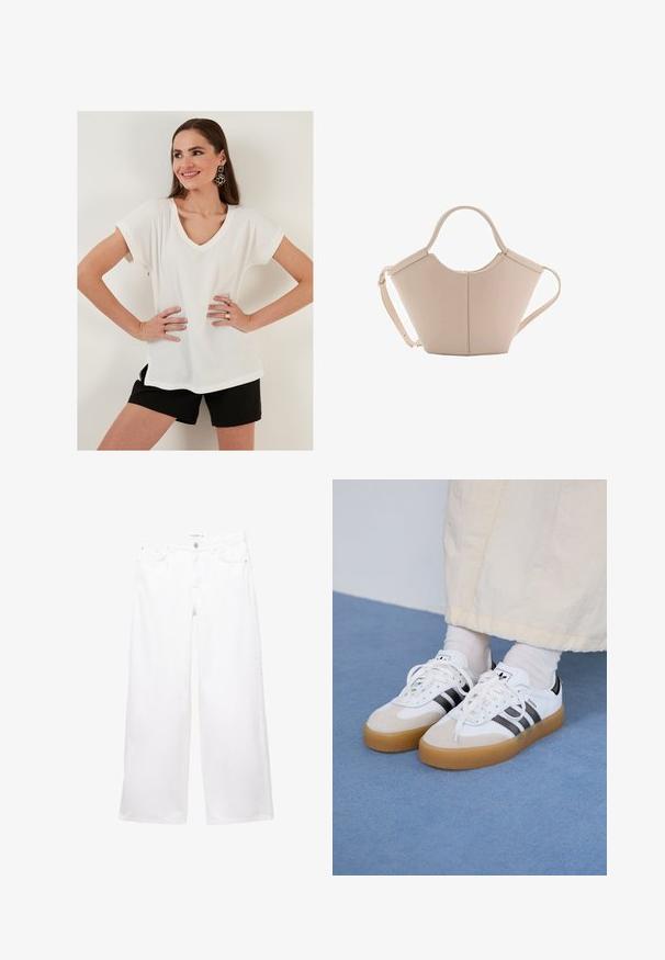 Biała, fakturowana bluzka z krótkim rękawem, z dekoltem w kształcie litery V i bocznymi rozcięciami, zestawiona z czarnymi szortami. Prosty krój, lekki materiał, casualowy fason.; Białe dżinsy o szerokich nogawkach, wykonane z denimu o gładkiej strukturze. Posiadają zapięcie na guzik i zamek błyskawiczny oraz dwie przednie i dwie tylne kieszenie.; Białe sneakersy z czarnymi paskami i beżowymi zamszowymi akcentami. Posiadają teksturowaną gumową podeszwę i płaskie białe sznurowadła, noszone z jasnymi skarpetami.; Beżowa skórzana torebka o unikalnym kształcie, z dwoma krótkimi uchwytami i długim, regulowanym paskiem. Gładka tekstura z minimalną ilością elementów metalowych.