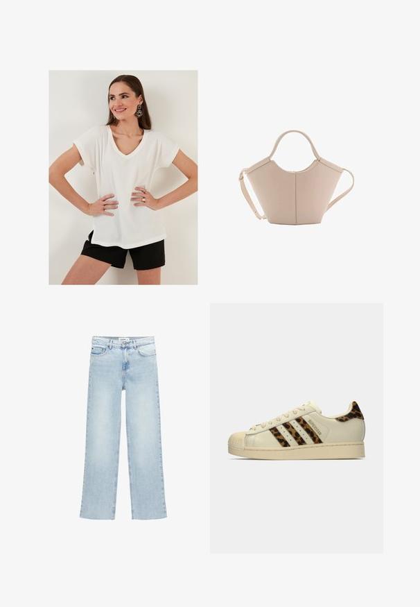 Top alb cu textură, cu mâneci scurte și decolteu în V, cu fante laterale, asortat cu pantaloni scurți negri. Design simplu, material ușor, croi lejer.; Jeans denim de culoare albastru deschis, cu picioare largi, talie înaltă, cinci buzunare și închidere cu nasturi. Prezintă detalii minime de cusătură.; Adidasi Superstar off-white cu dungi și tab de călcâi cu imprimeu leopard, vârf din cauciuc bej și textul "SUPERSTAR" pe lateral.; Geantă de mână bej din piele cu o formă unică, dotată cu două mânere scurte și o curea lungă ajustabilă. Textură netedă, cu hardware minim.