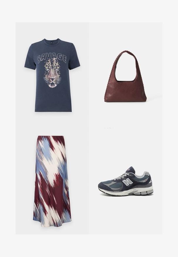 Laivansinis puuvillapaita, jossa on suuri painettu leopardin kasvokuva ja yläpuolella teksti "SAVAGE". Paidassa on pyöreä kaula-aukko ja lyhyet hihat.; Pitkä hame, jossa on vino shibori-kuvio burgundinpunaisena, sinisenä ja kermanvärisenä, valmistettu pehmeästä kankaasta, jossa on valuvat siluetit ja hienoinen kiilto.; New Balance tennarit, joissa on tummansininen verkko- ja mokkanahkapinta, harmaat yksityiskohdat, valkoinen logo, pehmustettu pohja ja teksturoitu viimeistely.; Burgundy nahka käsilaukku, jossa on kolmiomainen muoto, avoin yläosa ja punottu yksityiskohta kahvassa. Suorapintainen rakenne, jossa on mattapintainen viimeistely.