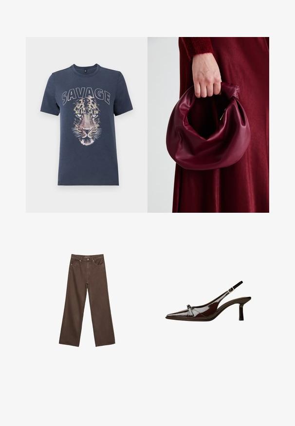 Mörkblå bomullströja med en stor tryckt leopardansikte och texten "SAVAGE" ovanför, rund hals och korta ärmar.; Breda bruna jeans i denim med hög midja, framfickor och klassisk knäppning. Slät textur med subtil sömnad.; Brun lackläder slingback-sko med spetsig tå, låg klack och en dekorerande rosett på framsidan. Slät, glansig yta.; Burgundy läderhandväska med en mjuk, samlad design och rundad form. Handtaget är säkrat och visar en slät yta.
