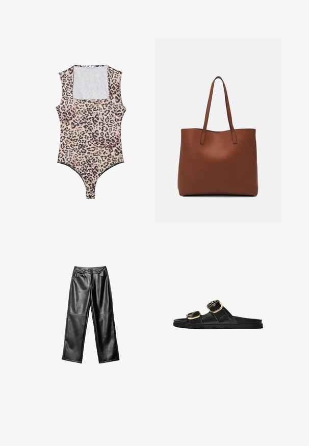 Body leopardato con scollo rotondo, senza maniche, realizzato in tessuto morbido e dotato di chiusura a scatto nella parte inferiore. La palette di colori include beige e nero.; Pantaloni ampi in pelle nera con una superficie liscia, design a cinque tasche e dettagli cuciti lungo le gambe e la vita.; Infradito neri con due accenti di fibbia dorata, materiale dalla texture liscia, suola piatta e design minimalista.; Borsa tote in pelle marrone con texture liscia, design con apertura superiore e due spallacci. Presenta cuciture minime e nessun hardware visibile.