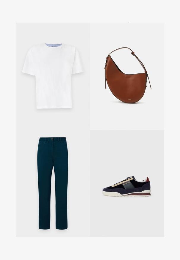 T-shirt bianca in cotone con scollo rotondo. Presenta maniche corte e un dettaglio a strisce blu all'interno dello scollo. Tessuto morbido, vestibilità regolare.; Pantaloni in teal scuro con design a gamba dritta, dotati di chiusura con bottone, tasche frontali e tessuto di cotone liscio.; Sneakers in suede blu Navy con accenti beige e blu scuro. Presentano una suola in gomma bianca e un marchio dorato sul lato. Design atletico classico.; Borsa a spalla in pelle marrone con forma a mezzaluna, sottile tracolla marrone e delicati dettagli in oro. Presenta una texture liscia e cuciture minime.