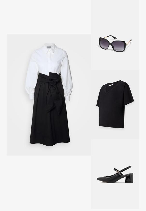 Must musta T-särk V-kaeluse, lühikeste varrukate ja vaba lõikega. Omab väikest brändi logo ääre lähedal.; Valge nööbiga topp, millel on pikad puff-sleiterid, koos musta seeliku ja kangast vöödiga, mis on seotud vöökohtadele, valmistatud siledast puuvillamaterjalist.; Mustad läikivad nahast slingback-kõrged kontsad, millel on terav nina, ümar lõikekujundus ja blokknina. Omab kuldset nupu aktsenti.; Mustad ümarad päikeseglaasid, millel on gradient objektiivid, paksud raamid ja kuldse tooni kettaga kaunistused tempelitel.; Must musträkk, mis on valmistatud sünteetilisest materjalist, lihtsa ristkülikukujulise disainiga, kuldsete ruudukujuliste rõhutustega ja kahe käepidemega.