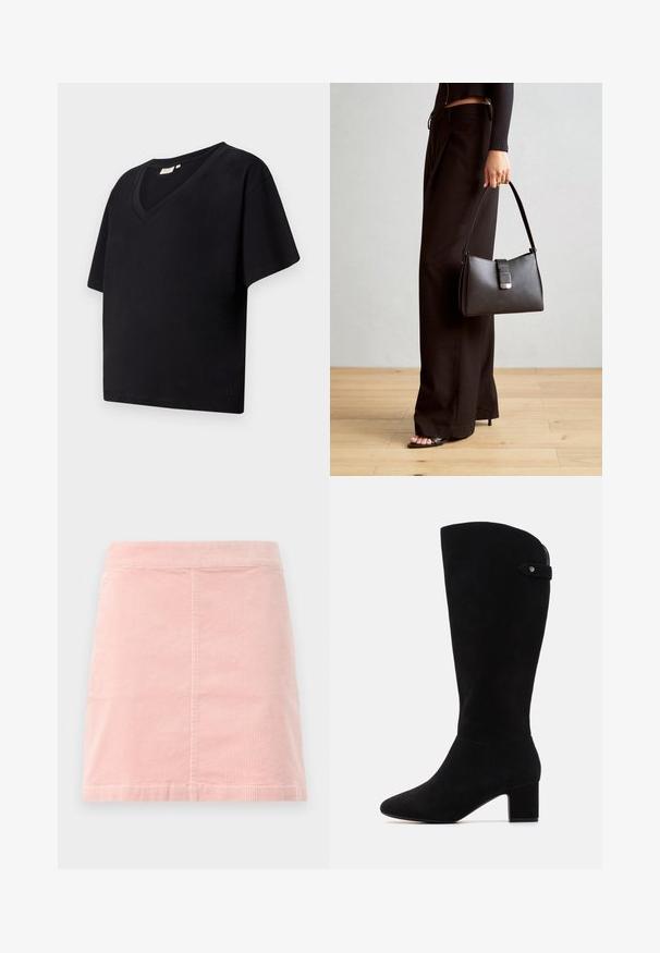 Juodas medvilninis marškinėlių su V formos iškirpte, trumpomis rankovėmis ir laisvu siluetu. Ant apačios yra mažas prekės ženklo logotipas.; Rožinė velūriniu mini sijonas su prigludusia talija ir vertikaliais raibais. Sijono apdaila tiesi, jis turi paprastą dizainą be jokių puošmenų.; Juodų zamšo kelių ilgio batų su smailiu nosiu ir bloko kulnu. Pasižymi lygiu paviršiumi ir paprastu dizainu, su šoniniu dirželiu kaip akcentu.; Juodas rankinė struktūrizuota forma, lygi tekstūra ir metalinis užsegimas. Suporuota su plačiomis juodomis kelnėmis ir atvirais bateliais ant medinių grindų.