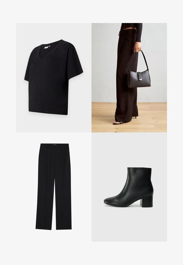 Černé bavlněné tričko s véčkovým výstřihem, krátkými rukávy a volným střihem. Obsahuje malé logo značky u spodního lemu.; Černé kalhoty se střihem rovného nohavice, které mají dvě přední kapsy a pas. Vyrobené z hladkého, lehkého materiálu.; Černé kožené kotníkové boty s špičatou špičkou a robustním podpatkem. Hladký povrch s minimálními akcenty a elegantním, přiléhavým designem.; Černá kabelka se strukturovaným tvarem, hladkým povrchem a kovovým uzávěrem. Kombinována s širokými černými kalhotami a sandály s otevřenou špičkou na dřevěné podlaze.