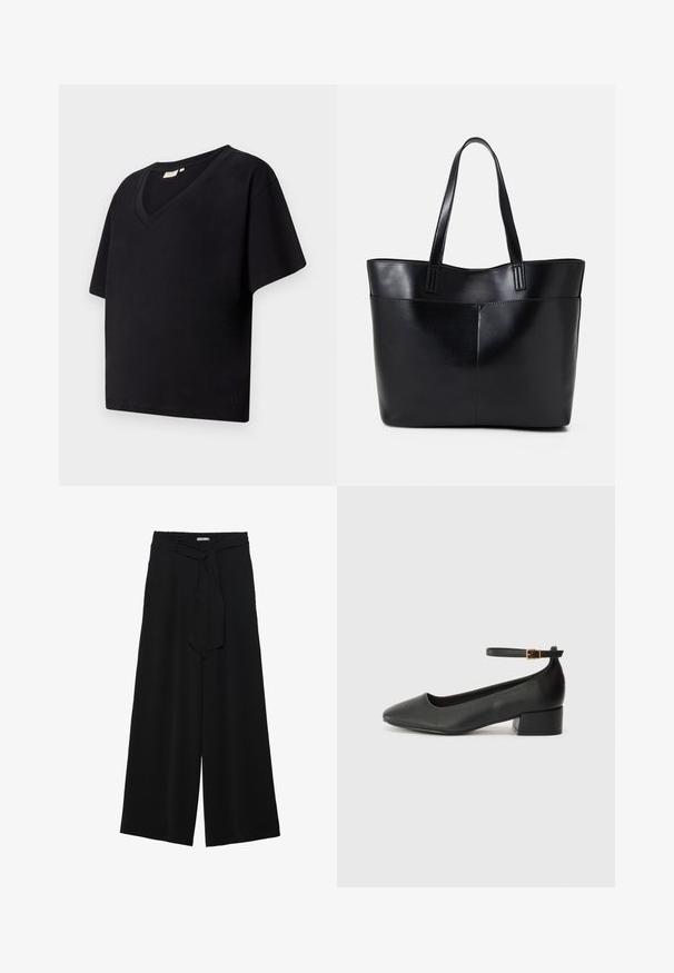 Čierne bavlnené tričko s výstrihom do V, krátkymi rukávmi a voľným strihom. Má malé logo značky pri leme.; Čierne široké nohavice s textúrovanou tkaninou, elastickým pásom a odnímateľným viazaním na páse pre nastaviteľné priliehanie.; Čierne kožené lodičky s špicatou špičkou a nízkym blokovým podpätkom. Obsahuje remienok okolo členka so zlatým prackou. Hladký povrch.; Čierna kožená tote taška s dvoma dlhými rúčkami, hladkým povrchom a štruktúrovaným tvarom. Obsahuje prednú kapsu pre dodatočné uskladnenie.