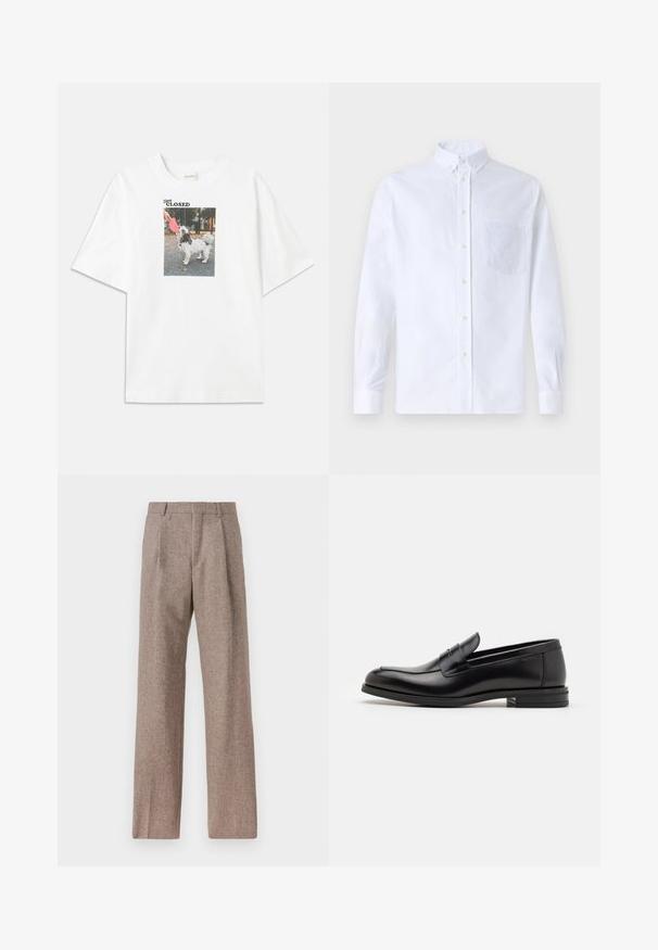 Witte katoenen t-shirt met een rechthoekige fotoprint van een hond met een roze frisbee. Boven het beeld staat de tekst "Blijf GESLOTEN."; Witte lange mouwen overhemd van katoen, met een borstzak met tonale borduring, een kraag en knopenmanchetten.; Bruine, hooggewaisted broeken van een gestructureerde stof. Heeft wijde benen en twee voorplooien voor extra structuur. Net afgewerkt zonder zichtbare hardware.; Zwarte leren instappers met een gladde textuur, ronde neus en een decoratieve band over de wreef. Lage, gestapelde hak en minimalistisch ontwerp.
