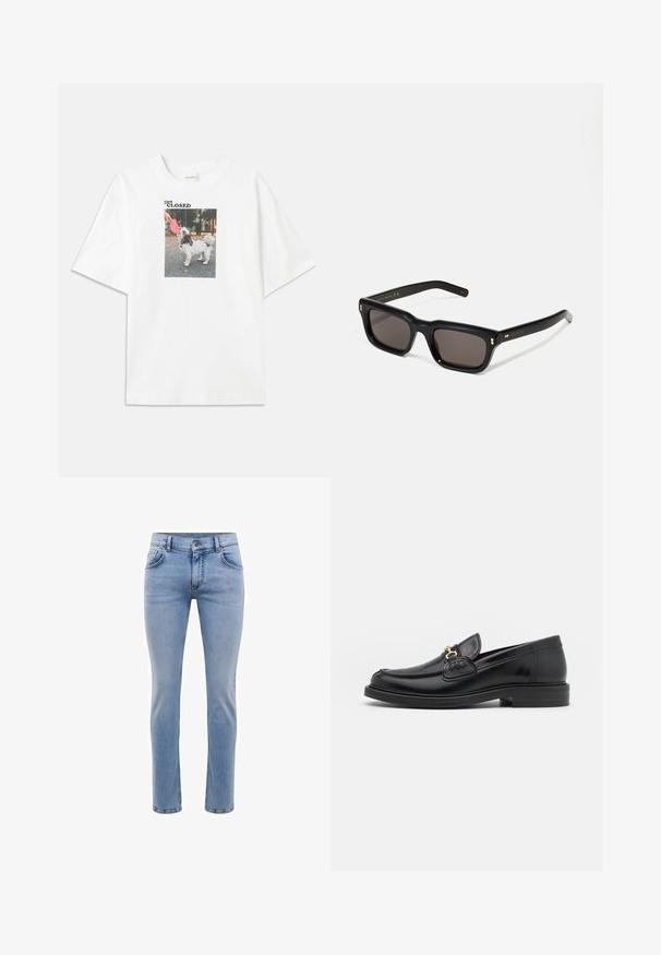 Camiseta de algodón blanca con una impresión fotográfica rectangular de un perro con un frisbee rosa. El texto encima de la imagen dice "Mantente CERRADO."; Jeans de mezclilla azul claro con un corte ajustado, cinco bolsillos y un diseño de pierna recta. Cuenta con una cremallera y trabillas para cinturón. Textura suave.; Mocasines de cuero negro con punta redondeada, que cuentan con un detalle de herrajes dorados y costuras, situados sobre una suela de goma texturizada y baja.; Gafas de sol rectangulares negras con lentes oscuros, marco de plástico grueso, acentos dorados en las patillas y logotipo de la marca grabado en el brazo.