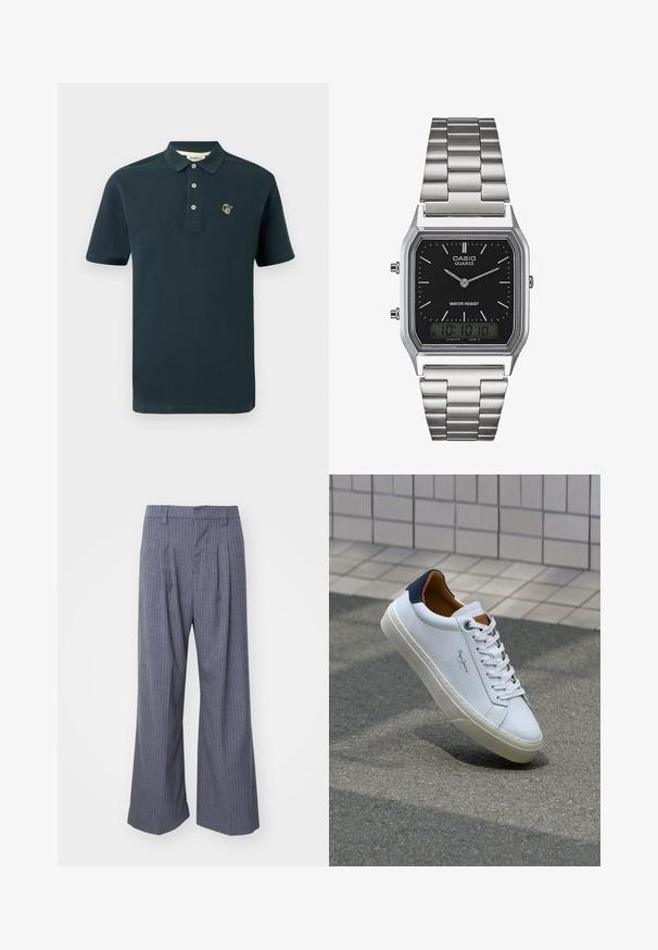 Polo de color azul marino oscuro hecho de algodón, con un cuello clásico, tapeta de tres botones y un pequeño logo bordado en el pecho.; Pantalones de rayas gris con un diseño de pierna ancha, que presentan pliegues en la parte delantera y una textura suave. Sin hardware ni acentos visibles.; Zapatilla de cuero blanca con talón en azul marino, punta redonda y acentos en marrón a contraste. Presenta cordones planos y suela de goma texturizada.; Reloj de cuarzo de acero inoxidable plateado con una esfera rectangular negra, que presenta manecillas analógicas, pantalla digital y etiqueta de resistencia al agua.