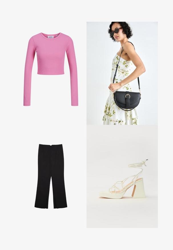 Dlouhý rukáv, zkrácený top z jemného růžového žebrovaného materiálu. Má kulatý výstřih a přiléhavý střih s hladkou texturou.; Černé kalhoty s rovným střihem, s předními kapsami a bočními rozparky na lemu. Vyrobené z jemné, hladké tkaniny. Vhodné na různé příležitosti.; Bílé sandály na vysokém podpatku s robustním podpatkem, s designem s pásky a zavazováním kolem kotníku. Hladký povrch s platformou vpředu pro zvýšení výšky.; Černá kožená kabelka s křivkovým tvarem, odnímatelným popruhem a zlatými detaily. Kabelka má klopu s přezkou.