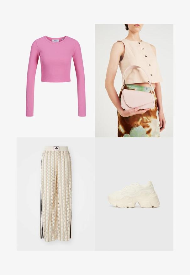 Dlouhý rukáv, zkrácený top z jemného růžového žebrovaného materiálu. Má kulatý výstřih a přiléhavý střih s hladkou texturou.; Krémové široké kalhoty s cikcak vzorem, s černým logem na pásu a černými pruhy po stranách. Lehčí, texturovaná tkanina.; Chunky bílé tenisky vyrobené z texturované síťoviny a syntetických materiálů, s tlustou podrážkou a složitými vzorovými detaily podél stran.; Růžová kožená kabelka s zakřiveným klopou, jedním ramenním popruhem a čistými liniemi. Taška má hladkou texturu a minimalistický design.