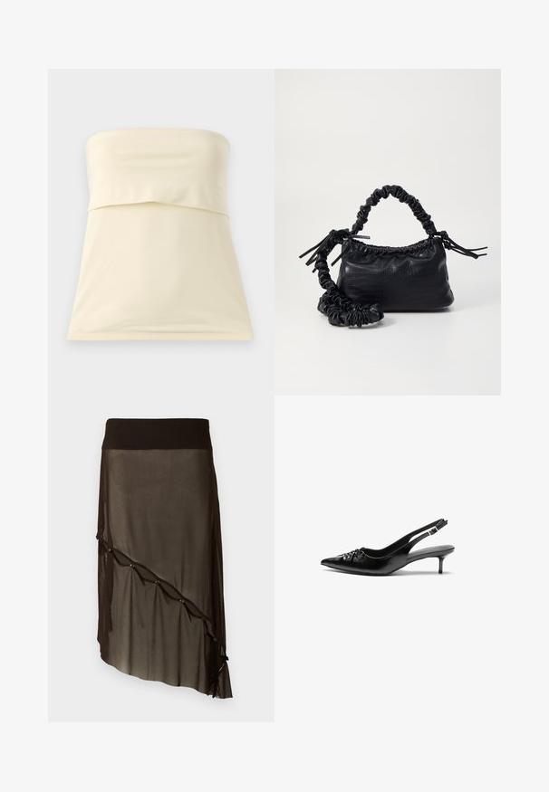 Kremfarget strapless topp laget av glatt, elastisk stoff. Har et brettet design ved bysten og en rett søm. Enkel og minimalistisk stil.; Sort mesh skjørt med en tettsittende linning, asymmetrisk kant, dekorative knapper langs fronten og lagdelt gjennomsiktig tekstur.; Sorte skinnert remsandaler med spiss tå, liten kittenhæl og en dekorativ knute detalj foran. Glatt tekstur gjennom hele.; Svart faux skinn-håndveske med krokodilletekstur, strammet topp og en rynket stropp. Ser myk og kompakt ut i designen.