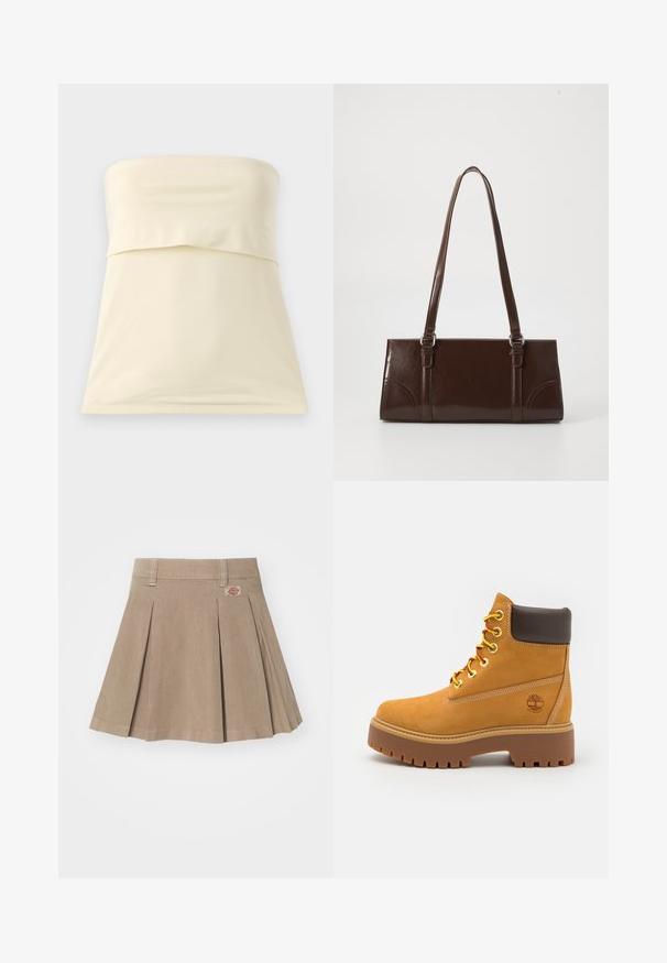 Cream strapless top made of smooth, stretchy fabric. Features a folded design at the bust and a straight hem. Simple and minimalist style.; Beige pleated skirt made from a textured fabric. Features a waistband with belt loops and a logo patch on the front left side.; Tan waterproof ankle boot with a sturdy rubber sole, round toe, brown leather collar, yellow laces, and a logo on the side.; Brown patent leather handbag with a rectangular shape, two long handles, and subtle curved accents on the front.