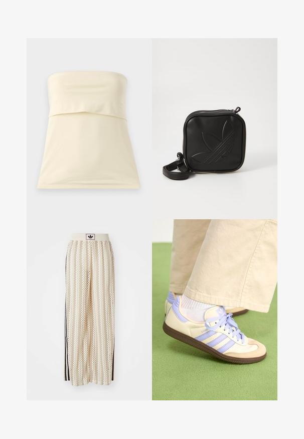 Top sin mangas de color crema, hecho de una tela suave y elástica. Presenta un diseño plegado en el busto y un dobladillo recto. Estilo simple y minimalista.; Pantalones de pierna ancha en color crema con un patrón en zigzag, que cuentan con una cinturilla con logo negro y franjas negras en los laterales. Tejido ligero y texturizado.; Zapatillas de crema y lavanda con tres rayas y una suela marrón texturizada, que cuentan con cordones y un talón acolchado. Parte superior de tela suave.; Bolso cruzado negro hecho de material sintético texturizado. Presenta un diseño de logo en relieve y correa ajustable. Cierre con cremallera.
