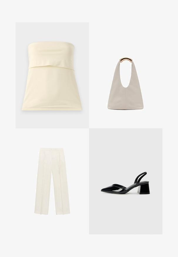 Krämfärgad axelbandslös topp i ett slätt, elastiskt tyg. Har en veckt design vid bysten och en rak fåll. Enkelt och minimalistiskt stycke.; Breda byxor i en ljus krämfärg. Tillverkade av ett mjukt tyg med veck fram och sidofickor.; Svarta lackläder slingback klackar med spetsig tå och geometrisk klack. Har en elegant, minimalistisk design och slät yta.; Ljusgrå läderväska med en U-formad design och ett böjt metallhandtag. Slät textur med minimal sömnad och inga synliga mönster.