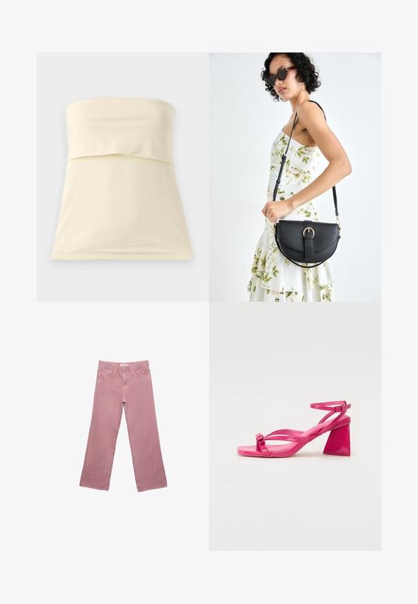 Haut sans bretelles crème en tissu lisse et extensible. Présente un design plié au niveau de la poitrine et un ourlet droit. Style simple et minimaliste.; Jean large rose en denim, avec une taille haute, des poches avant et des détails de couture subtils. Texture lisse sans motifs.; Sandales à talons en cuir verni rose avec un bout carré, des brides étroites et un talon bloc géométrique. Comprend un détail de boucle sur la bride.; Sac à main en cuir noir avec une forme courbée, bandoulière amovible et des accessoires en or. Le sac est doté d'un rabat avec un détail de boucle.