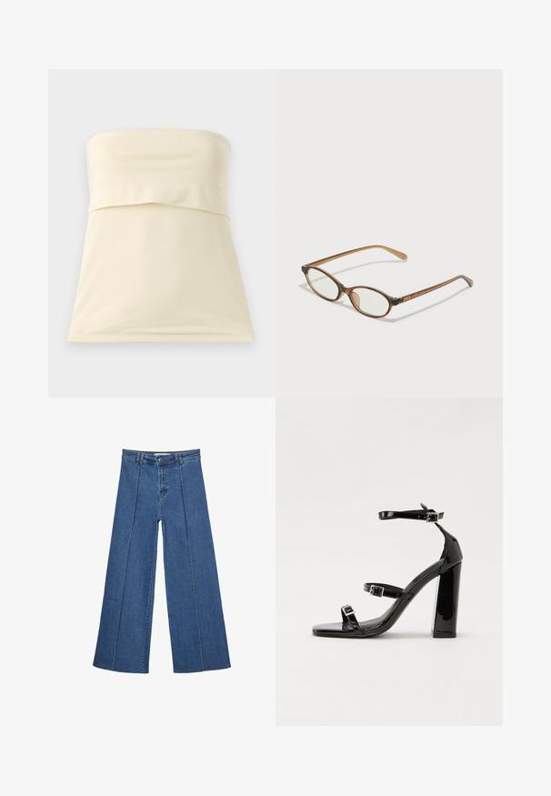 Kermainen olkaimeton toppi, joka on valmistettu sileästä ja joustavasta kankaasta. Siinä on taitettu muotoilu rinnan kohdalla ja suora helma. Yksinkertainen ja minimalistinen tyyli.; Korkeat vyötäröiset, keskisiniset, leveiden lahkeiden denim-farkut, joissa on nappikiinnitys ja kontrastiväriset pystysaumadetaileja edessä.; Musta kiiltävä korkokenkä sandaalit neliönmuotoisella varpaalla, nilkkaremmillä ja hopeisilla soljilla. Varustettu tukevalla lohkokorkealla vakauden takaamiseksi.; Ruskeat kilpikonnaruutulasiset silmälasit, joissa ovaalit linssit, ohuet varret ja läpinäkyvät yksityiskohdat. Temppeleissä on huomaamaton logo. Suunnittelultaan suora ja kevyt.