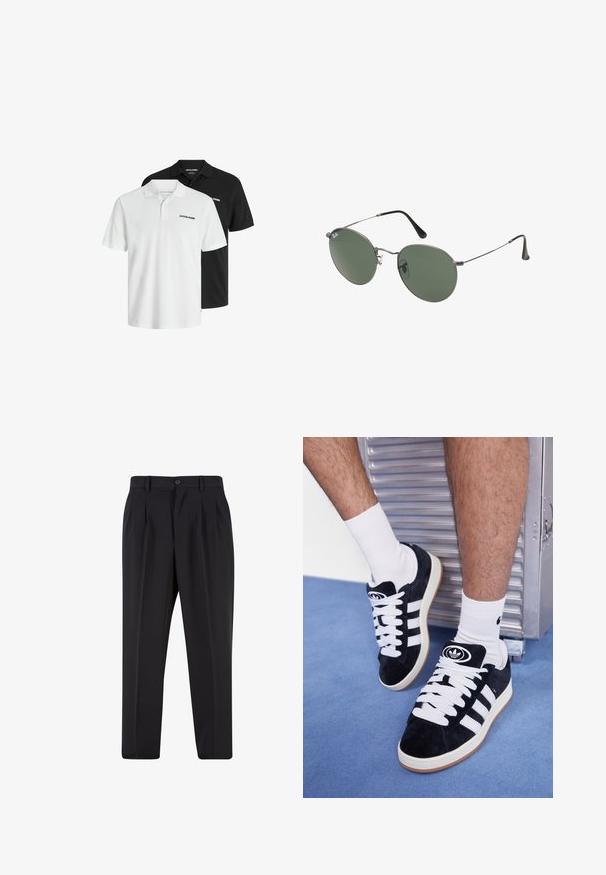 Dwie koszulki polo z krótkimi rękawami w kolorze czarnym i białym, wykonane z bawełny z subtelnym fakturowanym wykończeniem; posiadają kołnierz i akcent z logo.; Czarne spodnie z plisowanym przodem, wykonane z gładkiego materiału. Zapięcie na guzik i szlufki na pasek; prosty krój nogawek.; Czarne zamszowe sneakersy z białymi sznurówkami i trzema białymi paskami. Posiadają okrągłe czarne logo na języku i gumową podeszwę.; Okulary przeciwsłoneczne z metalową ramą i owalnymi zielonymi soczewkami. Cienka srebrna metalowa rama i czarne końcówki zauszników. Minimalistyczny design, bez widocznych logo.