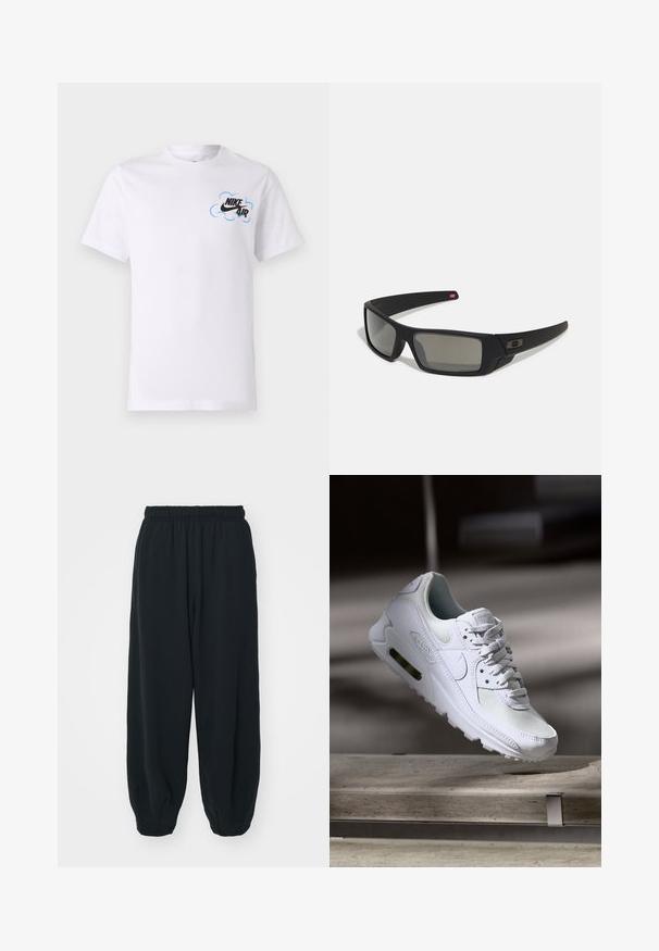 Bijela pamučna majica s kratkim rukavima i okruglim izrezom. Sadrži plavi i crni "Nike Air" logo okružen grafikom oblaka na prsima.; Crne, dukserice s elastičnim strukom, širokog kroja, s manžetama na gležnjevima, glatke teksture i bez vidljivih uzoraka ili metalnih detalja.; Bijela Nike Air Max 90 tenisica s gornjim dijelom od mrežice i kože, perforiranim prstima i vidljivom zračnom jedinicom u peti.; Crne sunčane naočale s mat površinom, pravokutnim staklima, blagim zakrivljenjima na sljepoočnicama, suptilnim logotipom i dimnim staklima.