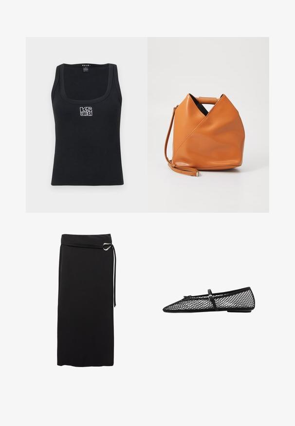Mustat ribbikankaiset hihaton paita, jossa on neliömäinen pääntie ja valkoinen brodeerattu logo edessä. Valmistettu joustavasta materiaalista.; Musta midi-hame, joka on valmistettu sileästä kankaasta. Sen yksinkertainen muotoilu sisältää vyön metallirenkaalla ja korkealla vyötärölinjalla.; Musta verkkokuvioinen ballerinatyyppinen kenkä, jossa on kärjeltään terävä muoto ja koristelstrap, sekä huomaamaton yksityiskohta. Kenkässä on avoin verkkotyyli ja litteä pohja.; Ruskea nahkainen käsilaukku, jossa on ainutlaatuinen kolmion muotoinen taitosdesign, yläkahva ja irrotettava olkahihna valkoisella taustalla.