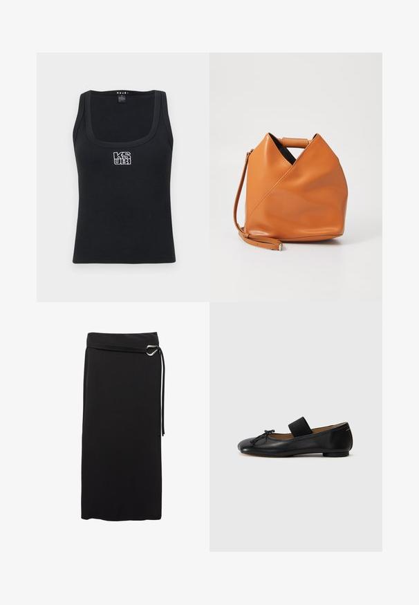 Svart ribbad linne med fyrkantig halsringning och en vit broderad logotyp framtill. Tillverkad av ettStretchigt material.; Svart midi-skjol i slätt tyg. Har en minimalistisk design, ett bälte med en metallring och en hög midja.; Svarta läderballetskor med rundad tå, en liten knutdetalj och ett elastiskt band över fotryggen för en säker passform. Platt sula.; Tan läderhandväska med unik triangulär vikdesign, topphandtag och avtagbar axelrem på vit bakgrund.