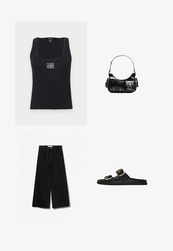 Črna rebrasta majica brez rokavov s kvadratnim izrezom in belim vezenim logotipom na sprednji strani. Narejena iz elastičnega materiala.; Bershka WIDE-LEG - Široke hlačnice - black; Črne drsne sandale z dvema zlatima zaponkama, gladkega materiala, ravnim podplatom in minimalističnim dizajnom.; Črna lakasta usnjena torbica s ukrivljeno obliko, enim ramenskim trakom, sprednjimi žepi in srebrnimi kovinskimi dodatki.
