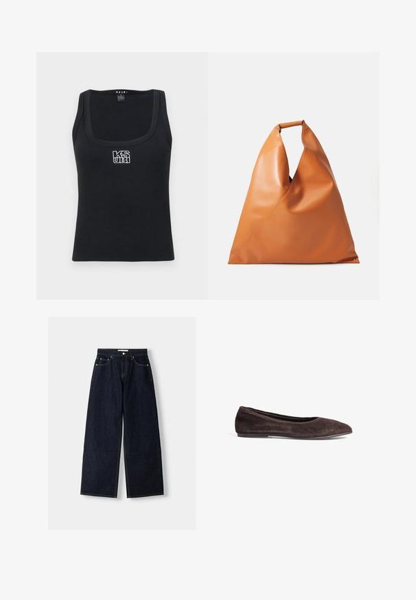 Zwarte geribbelde tanktop met vierkante halslijn en een witte geborduurde logo aan de voorkant. Gemaakt van een rekbaar materiaal.; Donkerblauwe denim wijduitlopende jeans met een hoge taille, vijf zakken, contrasterende stiksels en zilveren metalen hardware. Gladde textuur en een nette afwerking.; Bruine suède balletschoenen met een spitsneus en een laag profiel. Kenmerkt zich door een gladde textuur en een minimalistisch ontwerp. Geen zichtbare hardware of accenten.; Tan soepel leren driehoekige handtas met korte ronde handvat en een zachte, slappe structuur op een witte achtergrond.