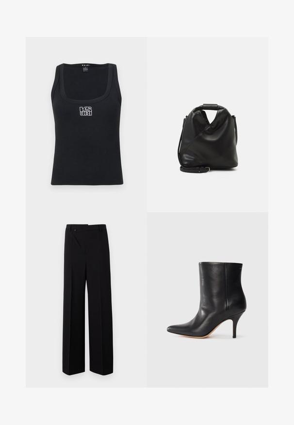 Must mustriga top, millel on ruudukujulise kaelusega ja valge brodeeritud logo ees. Valmistatud venivast materjalist.; Mustad laiatsäärised püksid, millel on lame esiosa, nupuga kinnitamine ja sile kangatekstuur. Omab sirget lõiget ja teravaid jooni.; Must musta jalatsid terava ninaga, õhukese stiletto kontsaga ja siledast nahast. Minimalistlik disain ilma nähtava riistvarata või aksessuaarideta.; Must ja pehme nahast kott, millel on unikaalne keerdkujuline disain. Omab lühikest kätset ja eemaldatavat õlarihma. Minimalistlik stiil.