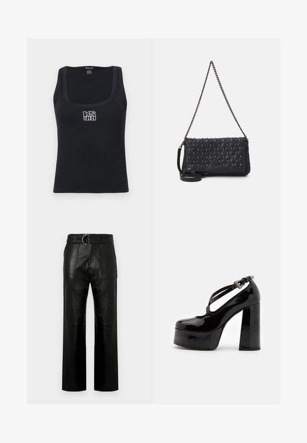 Top in maglia nera a coste con scollatura quadrata e logo ricamato bianco sul davanti. Realizzato in un materiale elastico.; Pantaloni in pelle nera a vita alta con gambe ampie, grandi tasche anteriori a toppa e una cintura coordinata con fibbia a doppio anello.; The Kooples CHAUSSURES - Decolleté - black; Borsa in pelle trapuntata nera con tracolla a catena, caratterizzata da dettagli a forma di teschio e chiusura con zip. Superficie texture con finitura lucida.